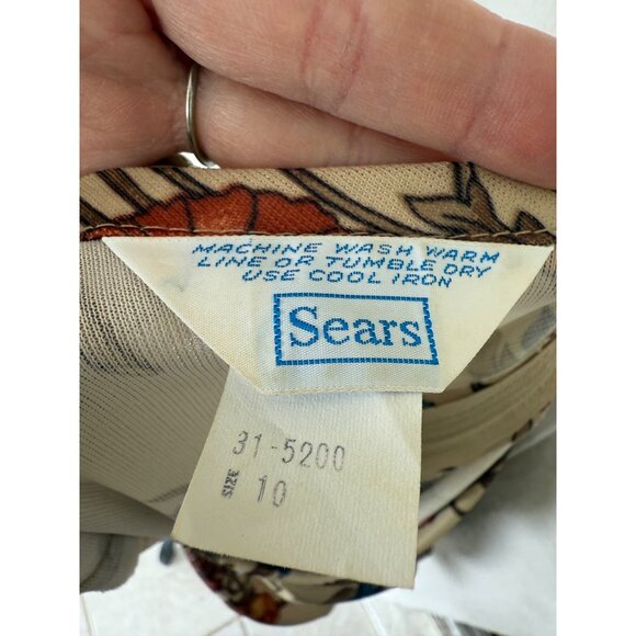 Vintage 70's Sears MOD Big Floral Belted Dress Beige Blue Size 10 - Picture 6 of 12